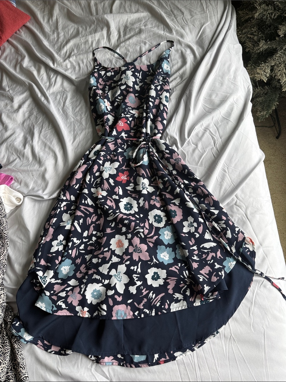 LOFT Navy Floral High-Low Spaghetti Strap Dress